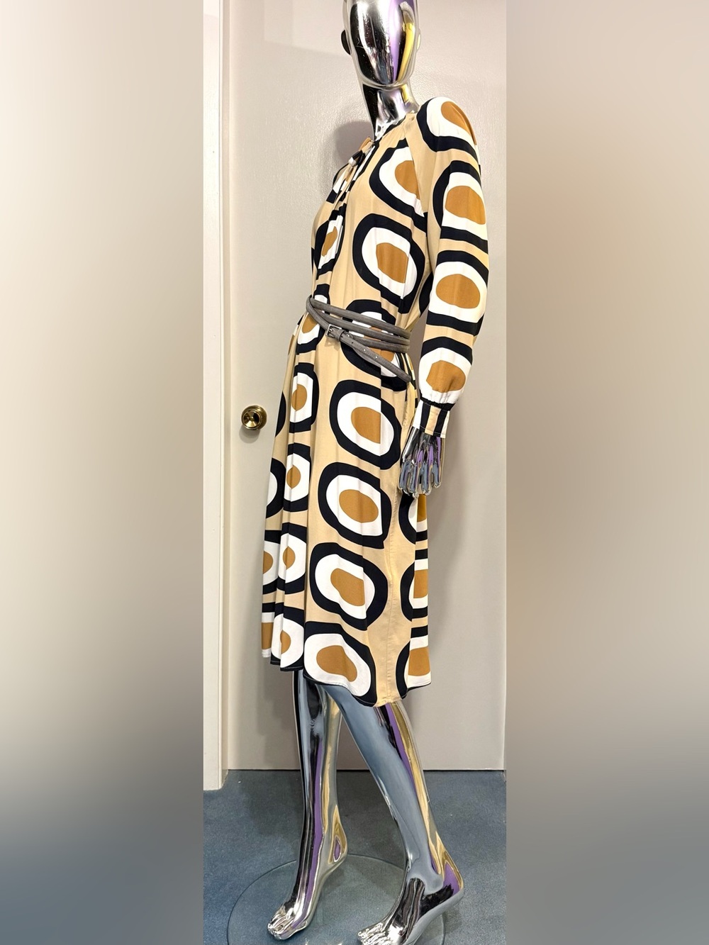 Marimekko Beige, White, Black, Caramel Geometric BOHO Long Sleeve Midi Dress - Picture 3 of 7